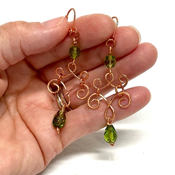 HANDCRAFTED Pure Copper Chandelier Earrings w/ Vintage Faceted Glass Bead Accent - Picture 2 of 10
